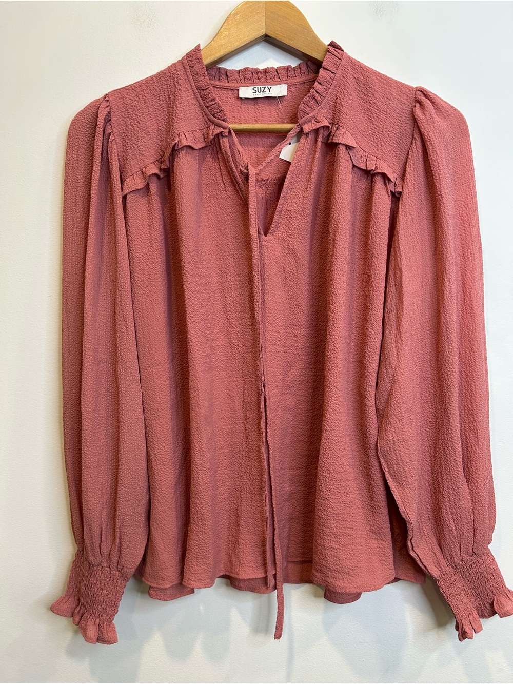 Suzy Shier Ruffled Collar Long Sleeve Peasant Blouse Dusty Rose Pink